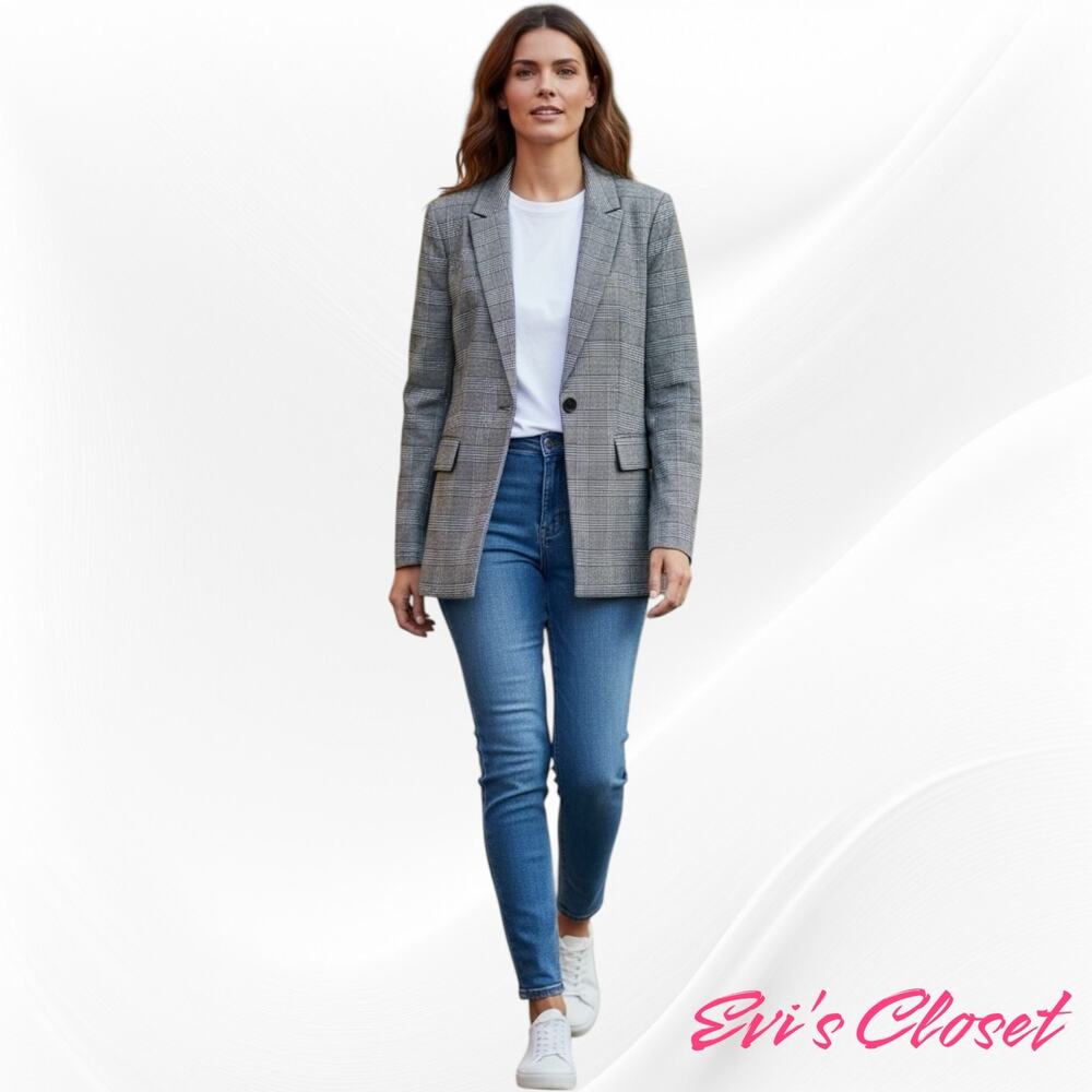 Elan Women's Blazer Jacket Plaid Black White Single Button Back Slit Sz L